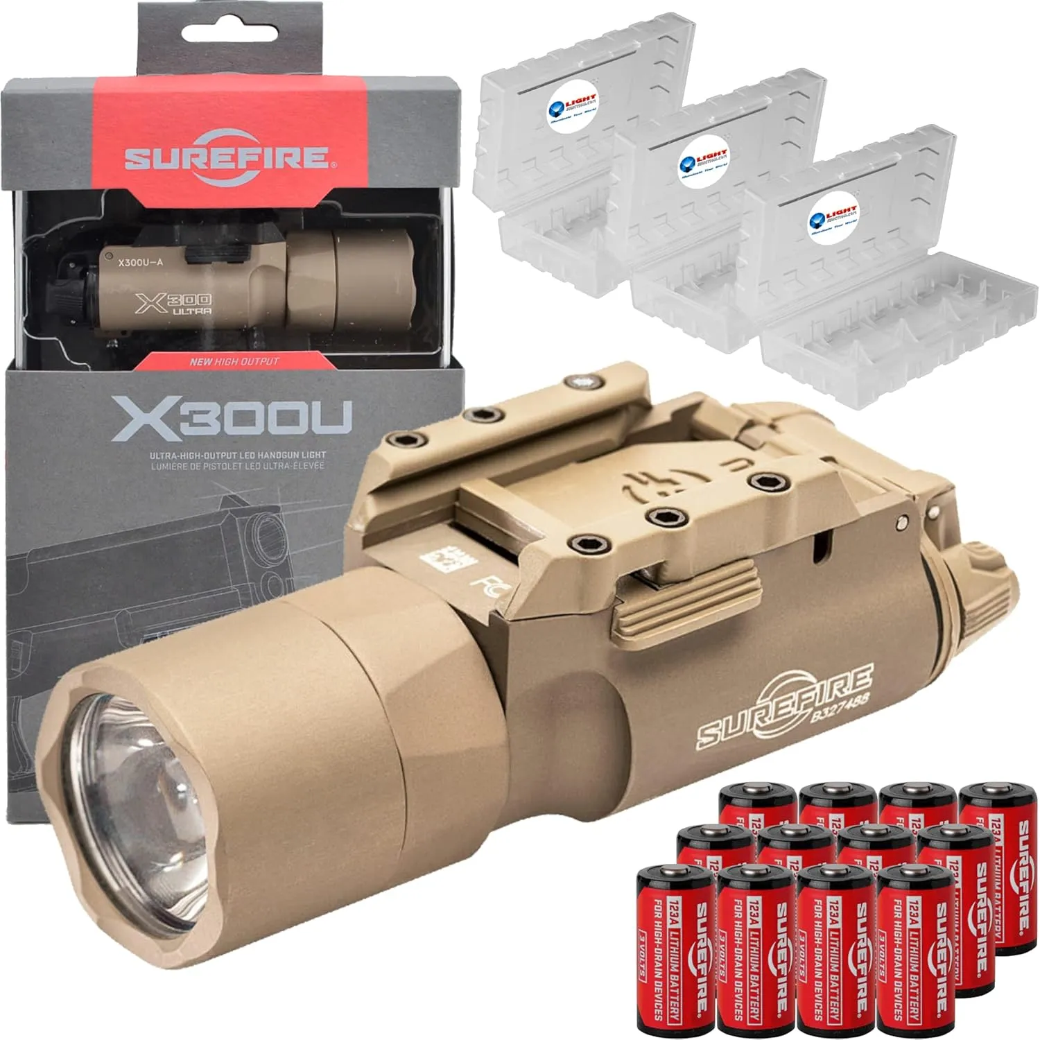 Sure Fire X300U-A Ultra High Output 1000 Lumens LED Weapon Light, Tan, with 12 Extra CR123A and 3 Battery Cases - Universal/Picatinny Lever Latch Rail Mount - Compatible with Rechargeable