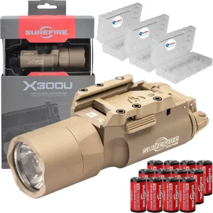 Sure Fire X300U-A Ultra High Output 1000 Lumens LED Weapon Light, Tan, with 12 Extra CR123A and 3 Battery Cases - Universal/Picatinny Lever Latch Rail Mount - Compatible with Rechargeable
