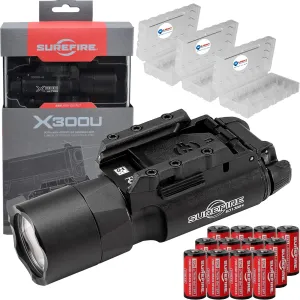 SureFire X300U-A Ultra High Output 1000 Lumens LED Weapon Light, Black, with 12 Extra CR123A and 3 Battery Cases - Universal/Picatinny Lever Latch Rail Mount, Z-XBC Push/Toggle Switch, 6V