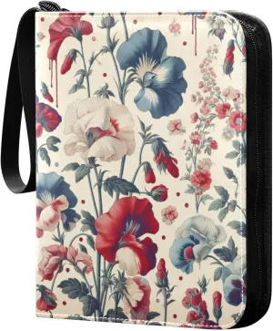 Sweet Pea Flowers Card Binder 4 Pocket Trading Card Album Fits 400 Sports/Game Cards, PU Cover 3 Ring Card Collection with 50 Removable Sleeves