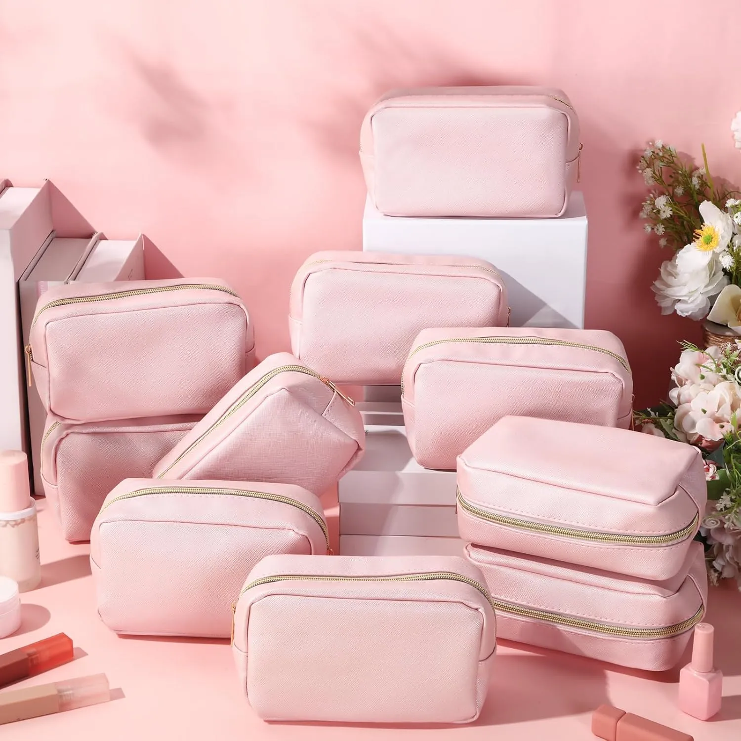 Sweetude 10 Pcs Preppy Makeup Bag Bulk Cosmetic Bag Bridesmaid Gift Wedding Day Bachelorette Party Favor Toiletry Pouch DIY PU Leather Skincare Pouch for Women(Rose Gold)