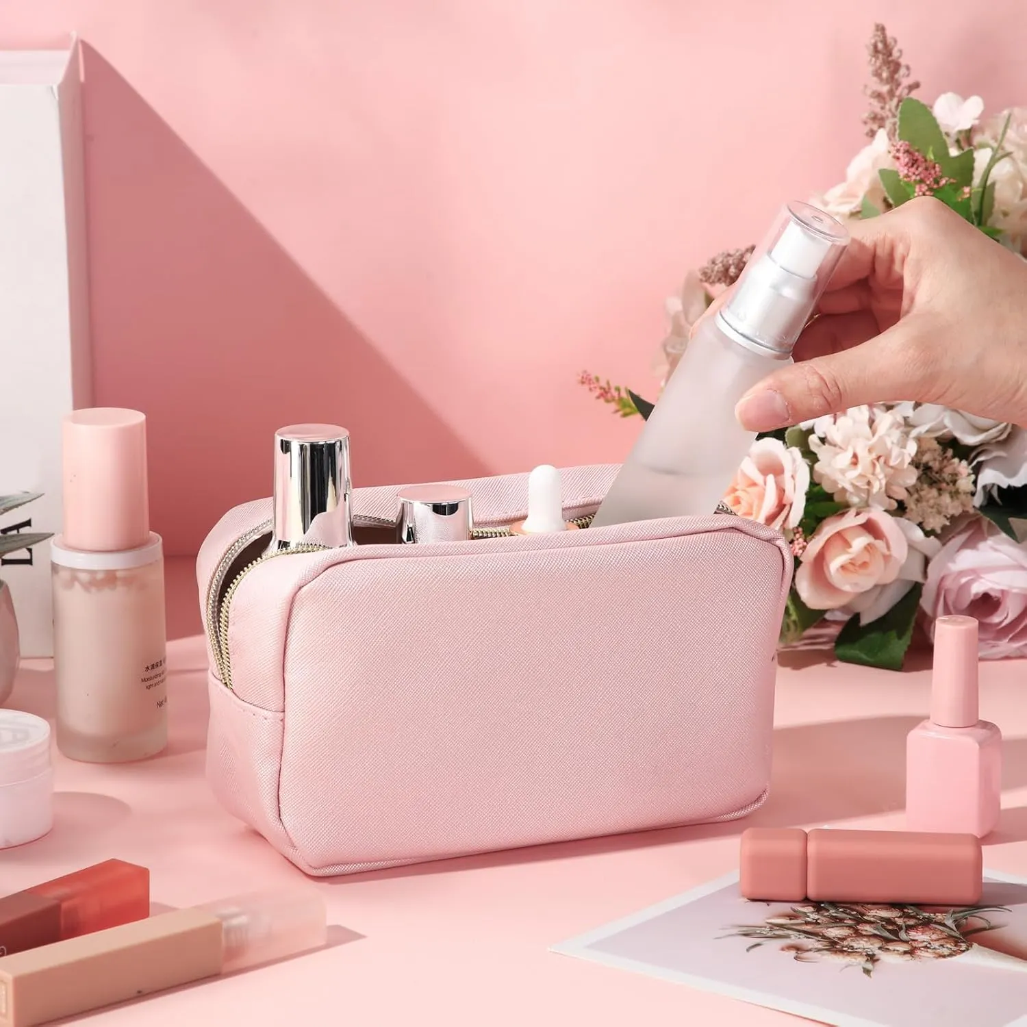 Sweetude 10 Pcs Preppy Makeup Bag Bulk Cosmetic Bag Bridesmaid Gift Wedding Day Bachelorette Party Favor Toiletry Pouch DIY PU Leather Skincare Pouch for Women(Rose Gold)