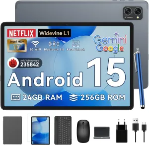 Tablet 2025 Latest Android 15 Tablets with 10.1 Inch Incell Display, 24GB RAM 256GB ROM /2TB TF, Gemini AI, T606 Octa-Core 8MP Camera, 5000mAh, Widevine L1, 2 in 1 Tablets with Keyboard Mouse Stylus