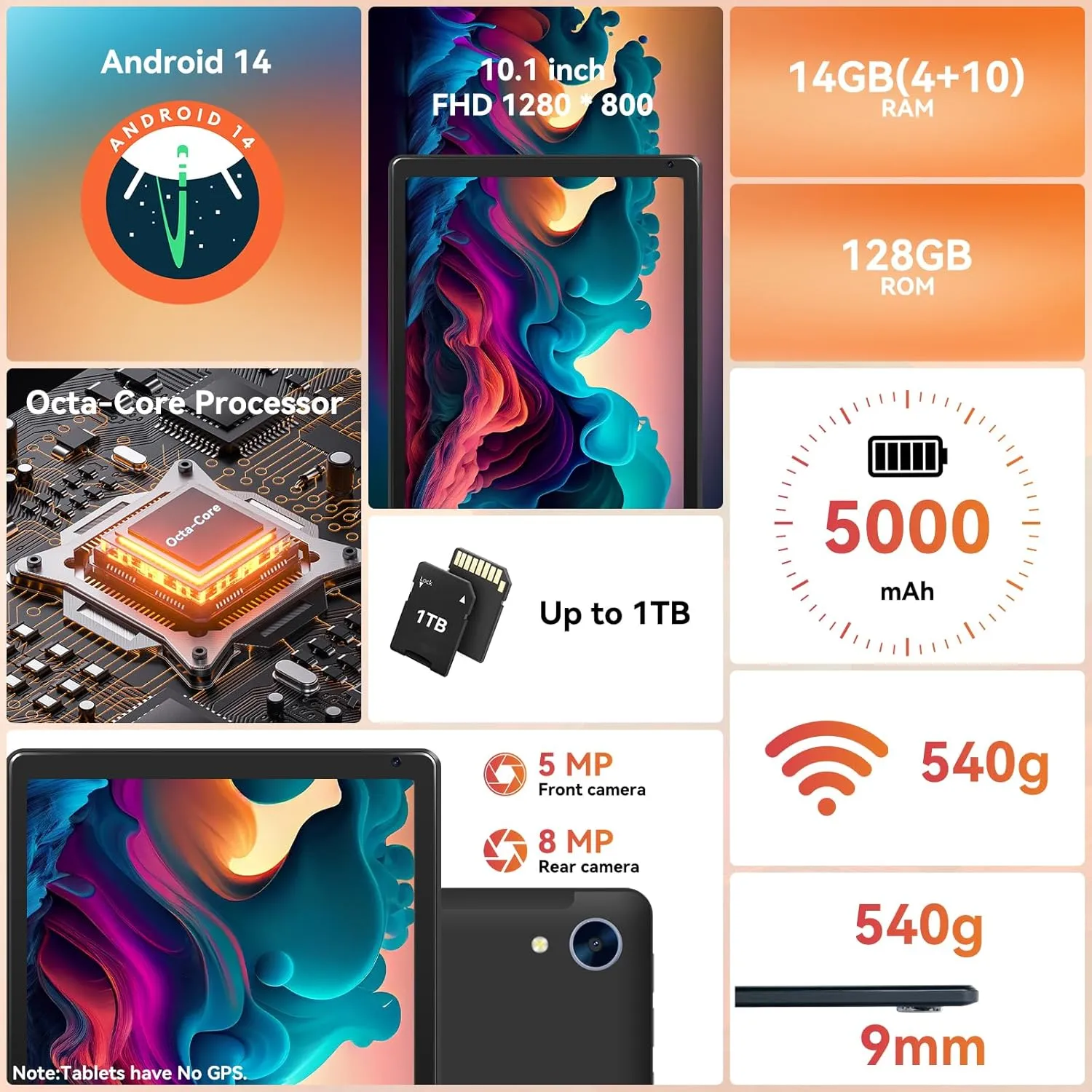 Tablet,10.1" Android Tablet with Octa-core Processor 14GB RAM 128GB ROM HD IPS Touchscreen 8H Battery, Wi-Fi 6, BT 5.0, Dual Camera, Google Tablets with Keyboard Mouse Stylus Case Headphone