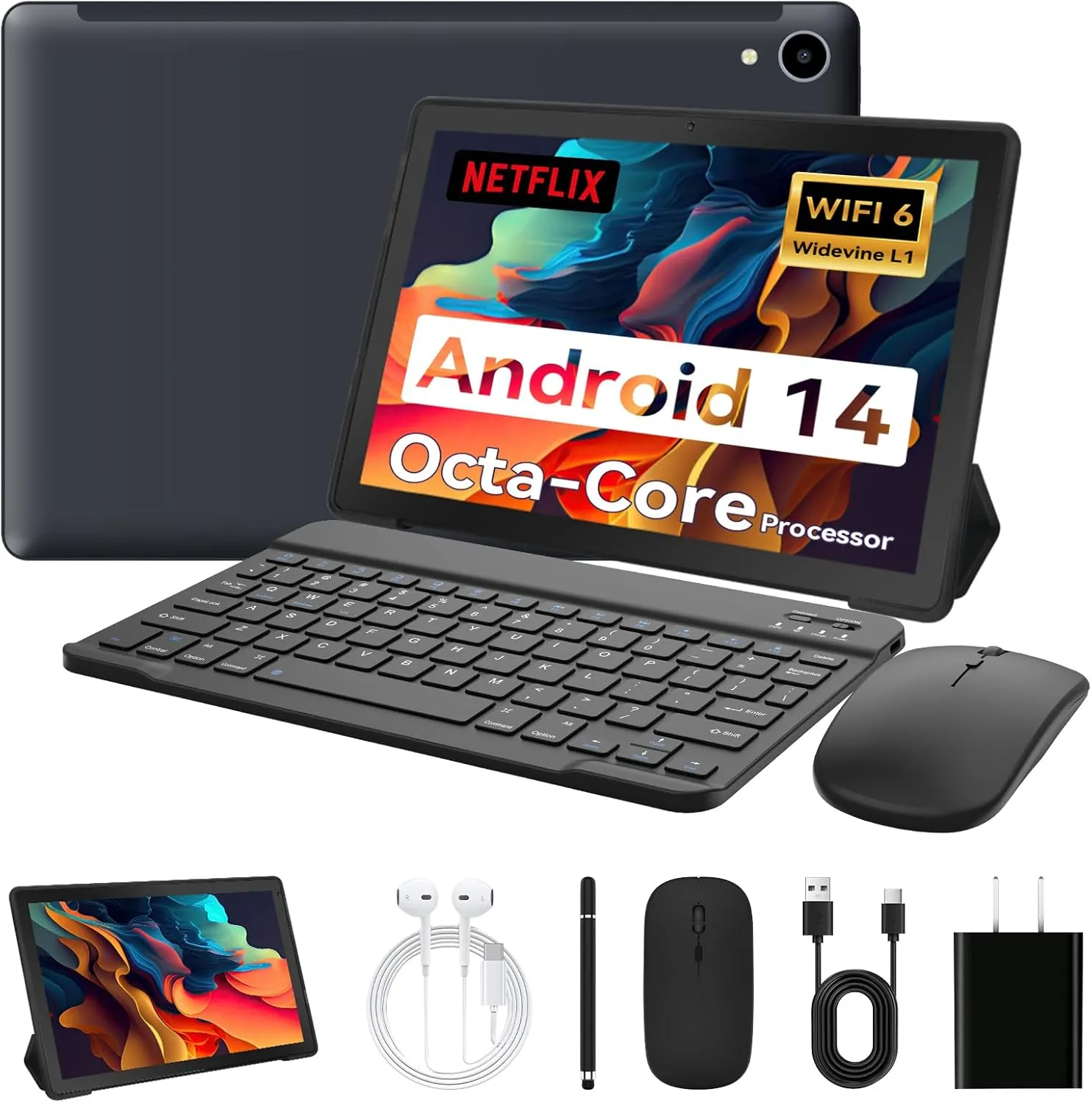 Tablet,10.1" Android Tablet with Octa-core Processor 14GB RAM 128GB ROM HD IPS Touchscreen 8H Battery, Wi-Fi 6, BT 5.0, Dual Camera, Google Tablets with Keyboard Mouse Stylus Case Headphone