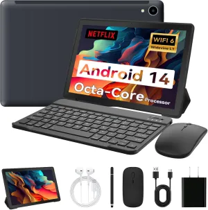 Tablet,10.1" Android Tablet with Octa-core Processor 14GB RAM 128GB ROM HD IPS Touchscreen 8H Battery, Wi-Fi 6, BT 5.0, Dual Camera, Google Tablets with Keyboard Mouse Stylus Case Headphone