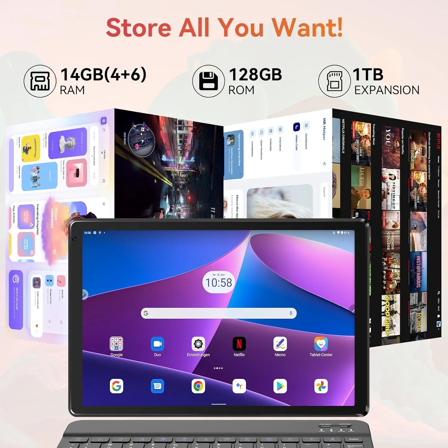 Tablet,10.1" Android Tablet with Octa-core Processor 14GB RAM 128GB ROM HD IPS Touchscreen 8H Battery, Wi-Fi 6, BT 5.0, Dual Camera, Google Tablets with Keyboard Mouse Stylus Case Headphone