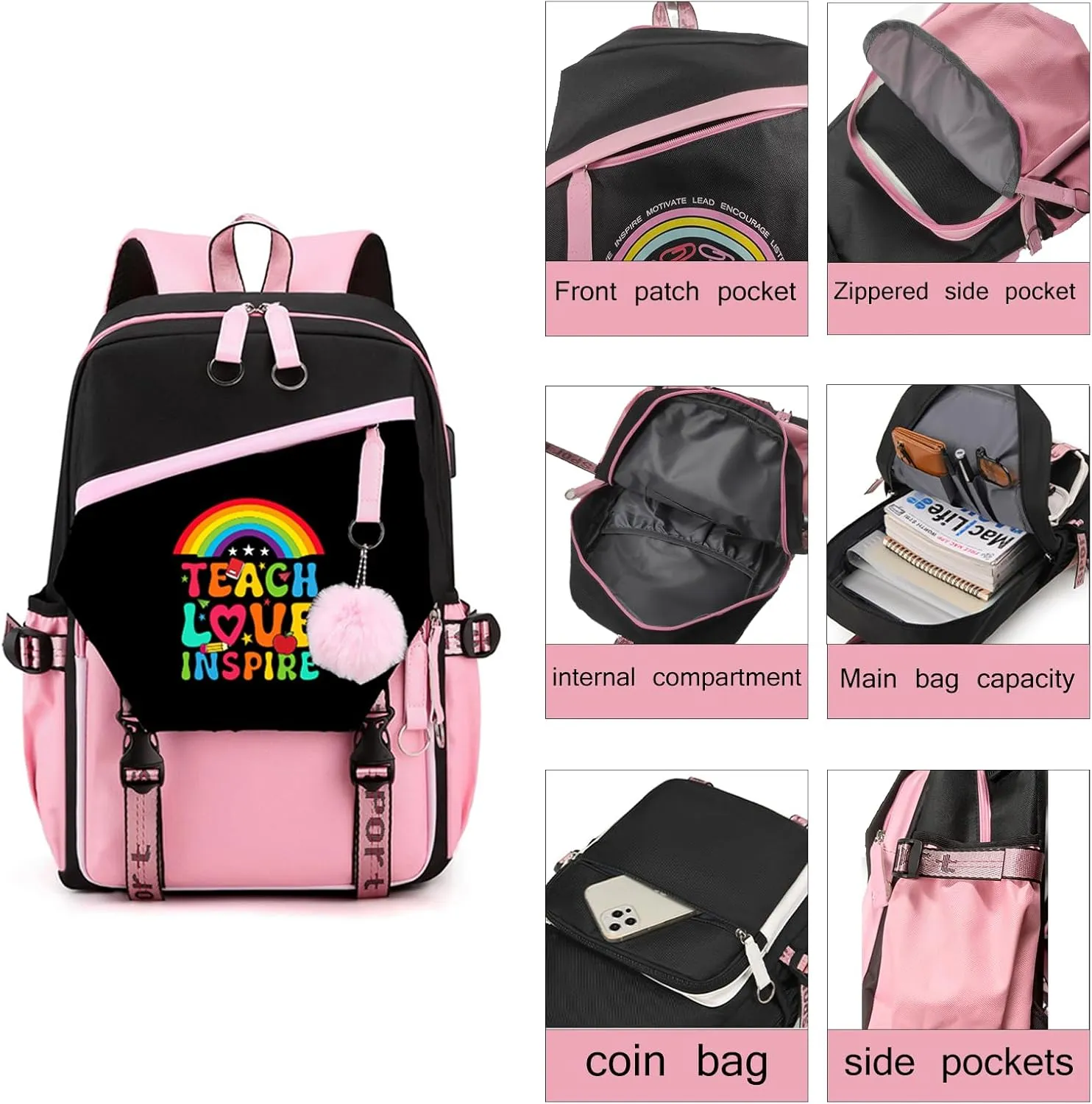 Teacher Backpack for Women, 16.5 Inch Laptop Backpack With USB Charging Port Large Capacity Travel Backpack,Waterproof Carry on Work Bags,Pink