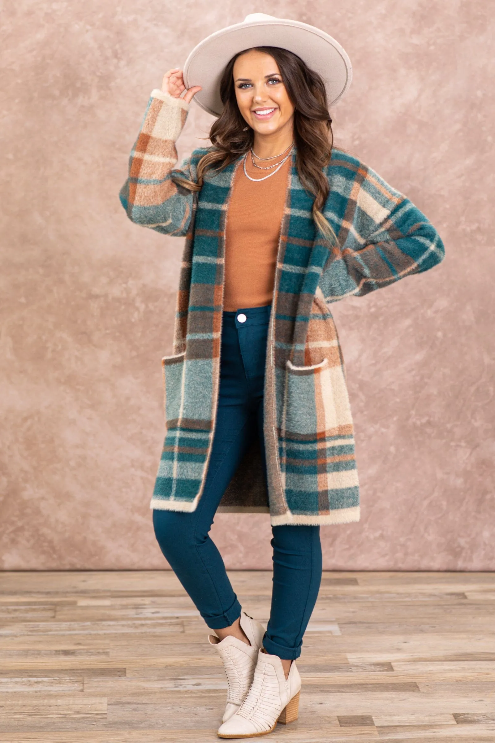 Teal and Cognac Plaid Cardigan With Pockets