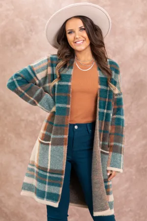 Teal and Cognac Plaid Cardigan With Pockets