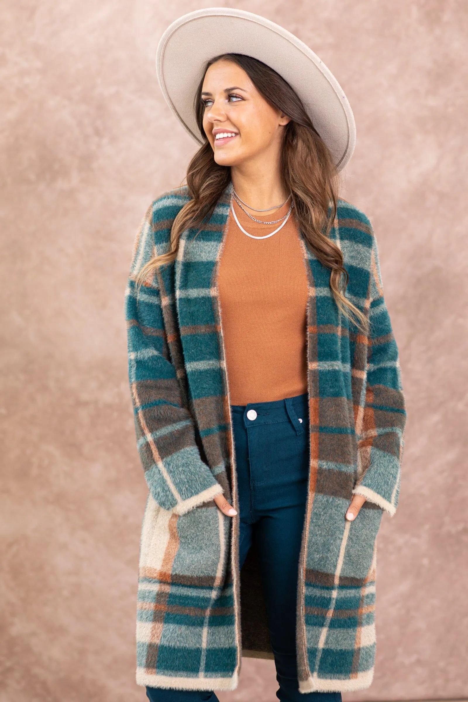 Teal and Cognac Plaid Cardigan With Pockets