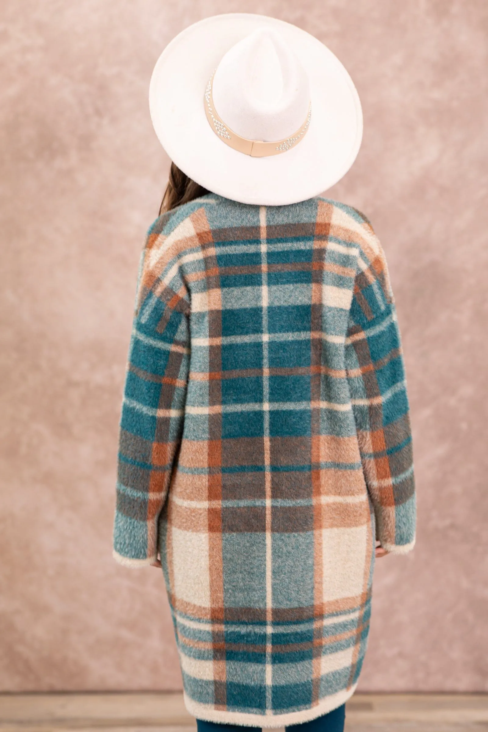 Teal and Cognac Plaid Cardigan With Pockets