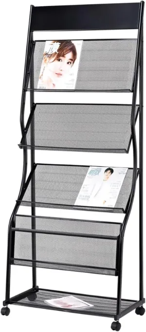 TEmkin Magazine Rack Floor-Standing Magazine Rack, 4-Layer Iron Wheeled Newspaper Rack, Brochure Display Stand for The Display of Brochures or Documents Organizer Rack (Black)