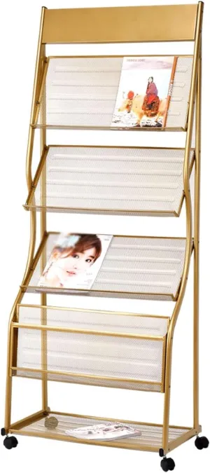 TEmkin Magazine Rack Magazine Rack Floor-Standing Magazine Rack, 4-Layer Iron Wheeled Newspaper Rack, Brochure Display Stand for The Display of Brochures or Documents Organizer Rack