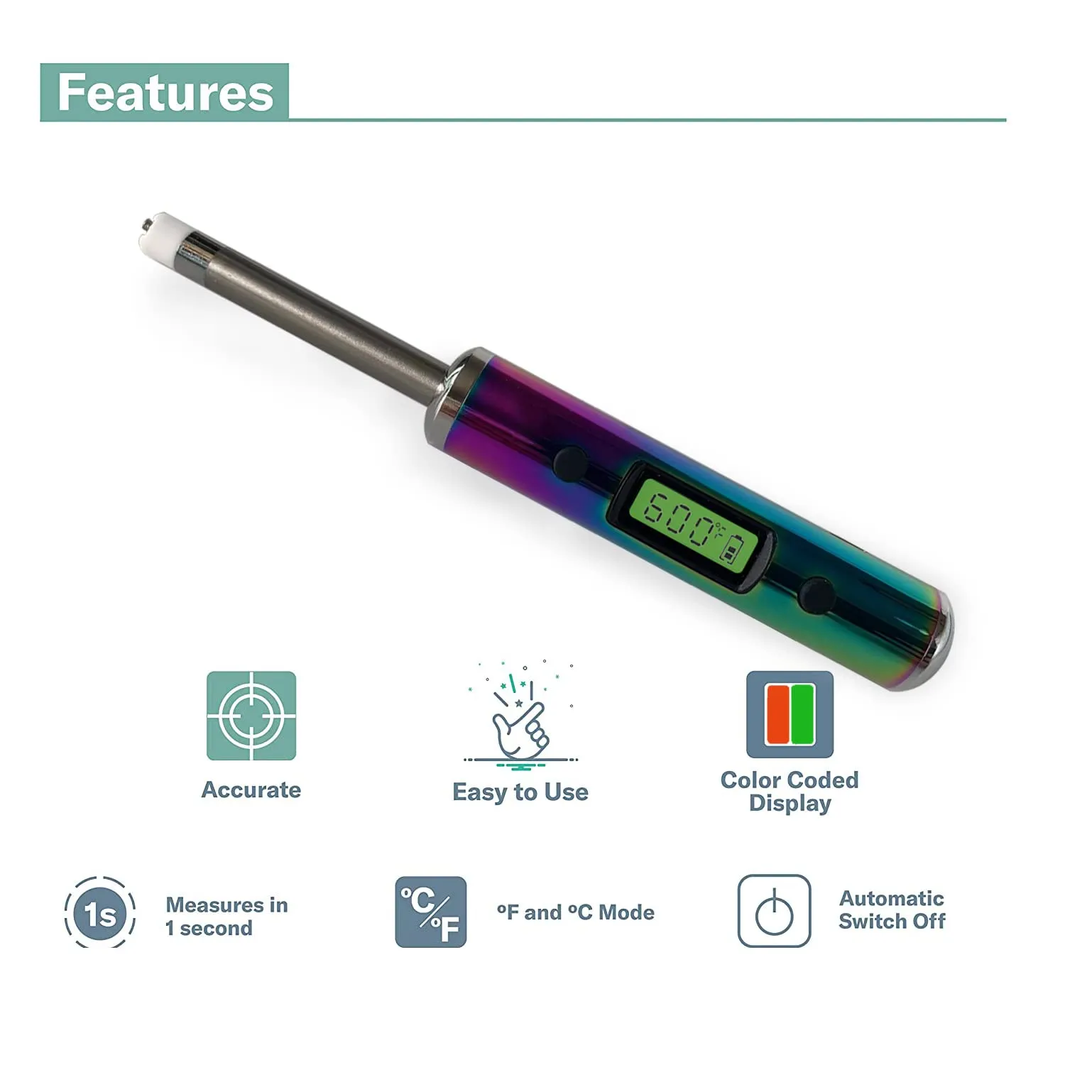 Temperature Reader, with 2.1 inch Long Probe Sensor | Portable Travel Thermometer | Color Coded LCD Display (Rainbow)