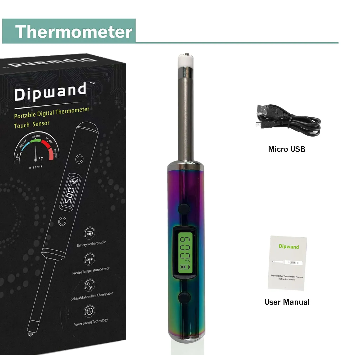 Temperature Reader, with 2.1 inch Long Probe Sensor | Portable Travel Thermometer | Color Coded LCD Display (Rainbow)