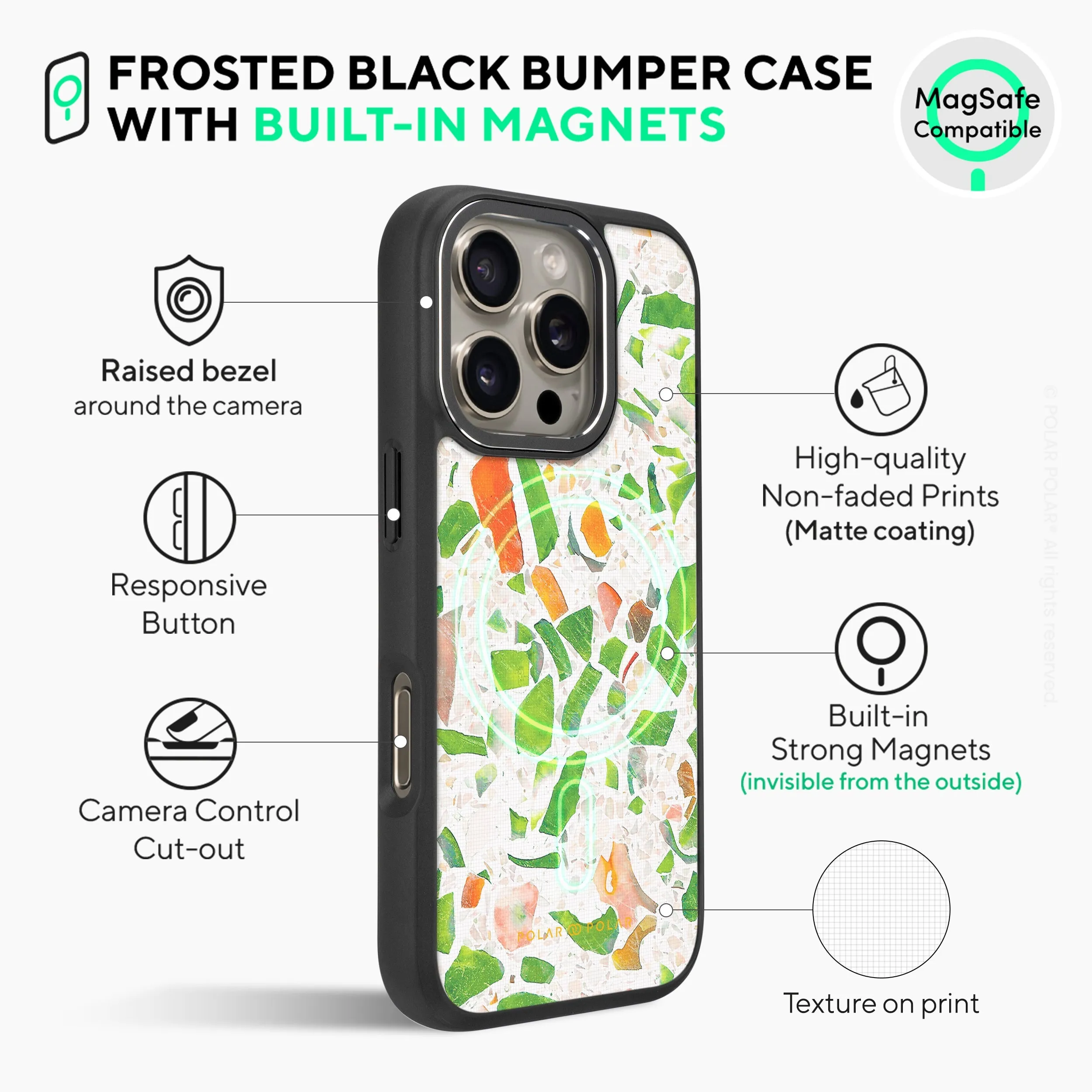Terrazzo Green - iPhone 16 Pro Frosted Black Bumper MagSafe Case