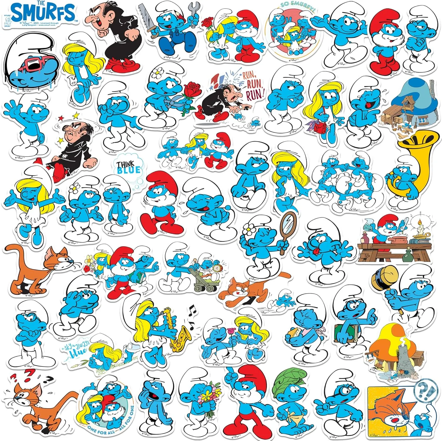 The Smurfs 50ct Vinyl Large Deluxe Stickers Variety Pack - Laptop, Water Bottle, Scrapbooking, Tablet, Skateboard, Indoor/Outdoor - Set of 50