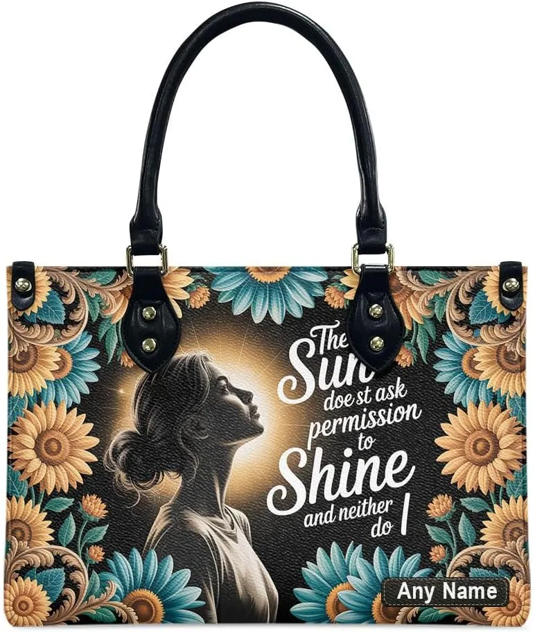 The Sun Doesn't Ask Permission To Shine And Neither Do I Personalized Leather Handbags African American Women Satchel, Mother’s Day Gift for Women, Bible Bag, Purses For Moms, Sunflowers Bags IvSJVI