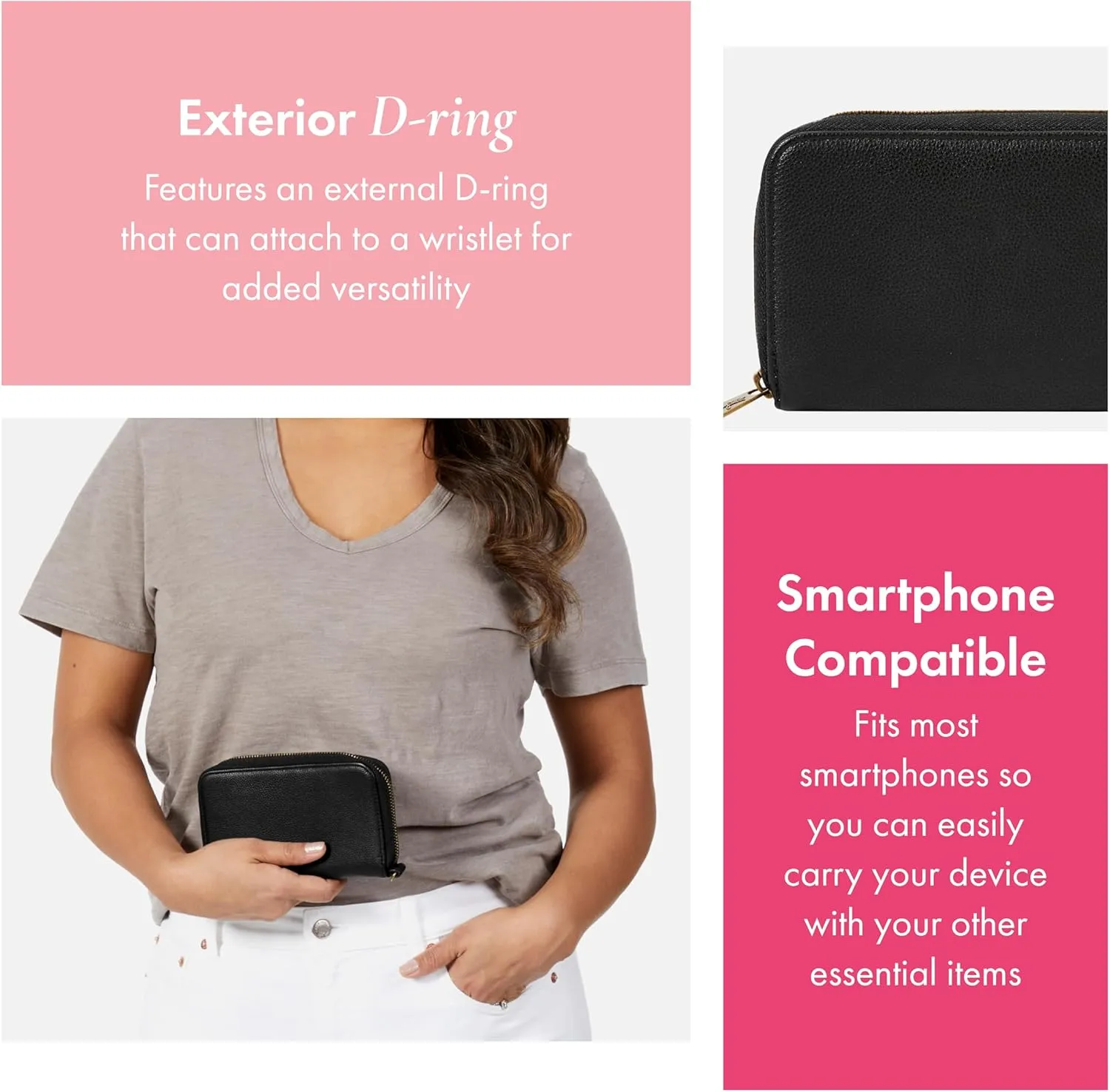 THIRTY-ONE Gifts Slim Wallet, Small Clutch Wallet for Women, Phone-Holder Wallet with Card and Bill Slots, Black Smooth Pebble