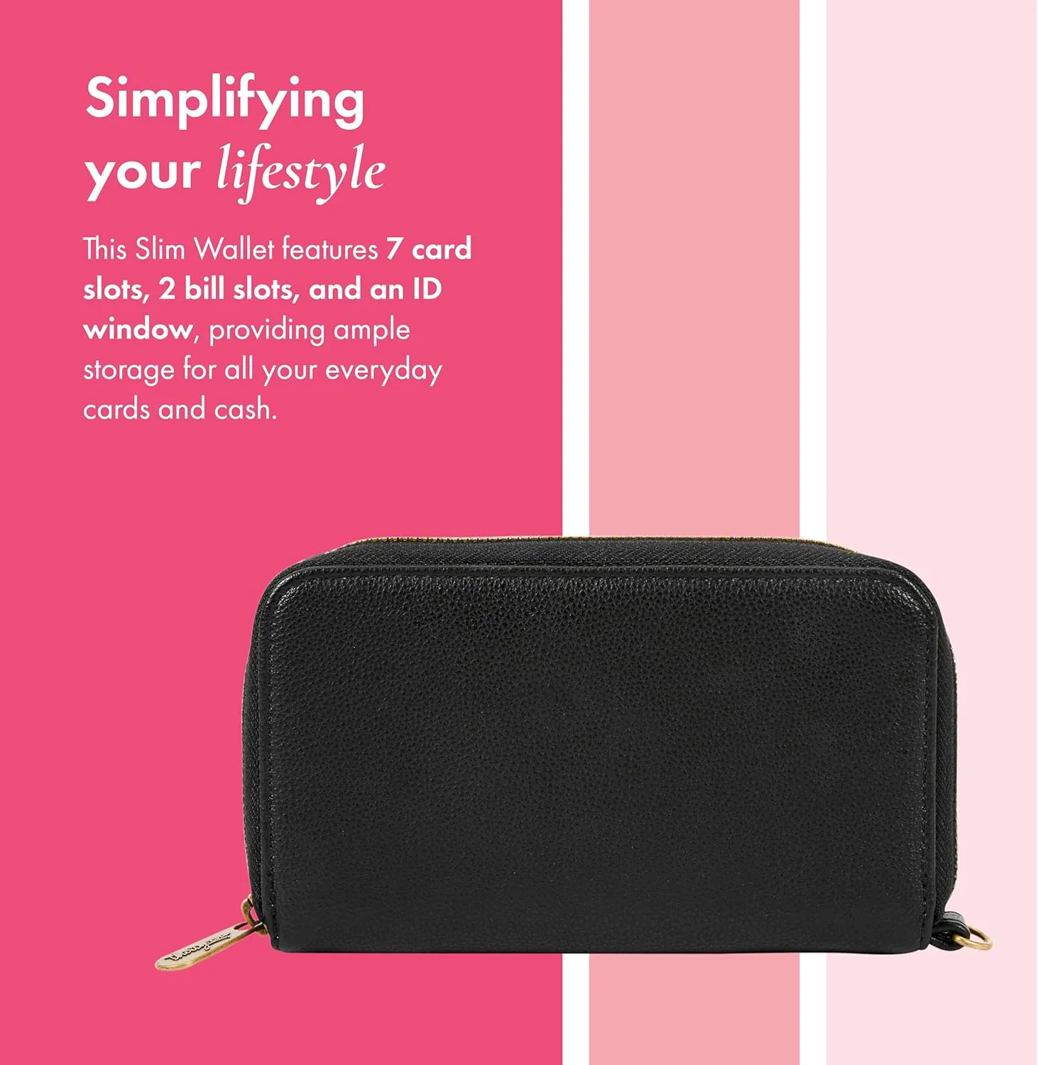 THIRTY-ONE Gifts Slim Wallet, Small Clutch Wallet for Women, Phone-Holder Wallet with Card and Bill Slots, Black Smooth Pebble