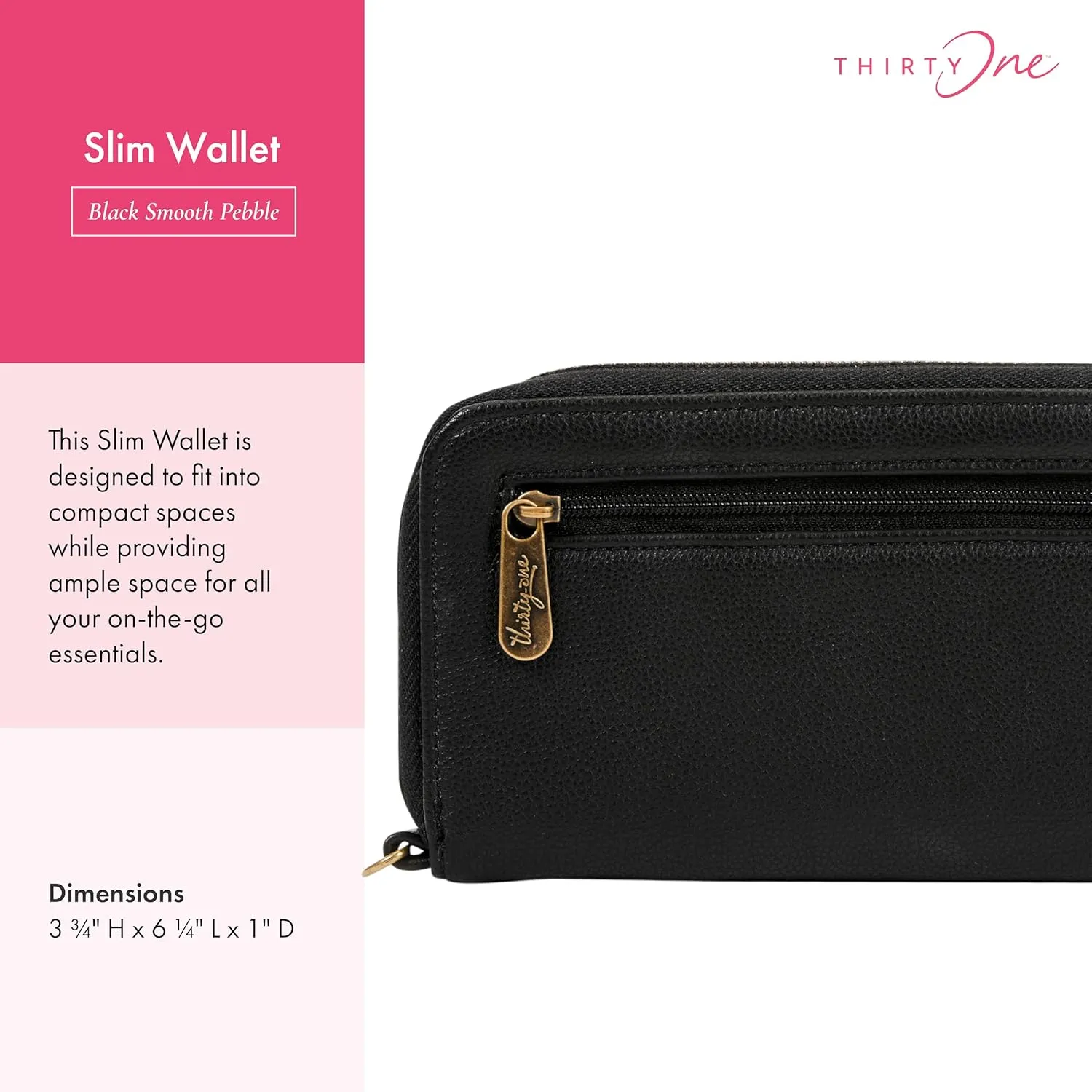 THIRTY-ONE Gifts Slim Wallet, Small Clutch Wallet for Women, Phone-Holder Wallet with Card and Bill Slots, Black Smooth Pebble