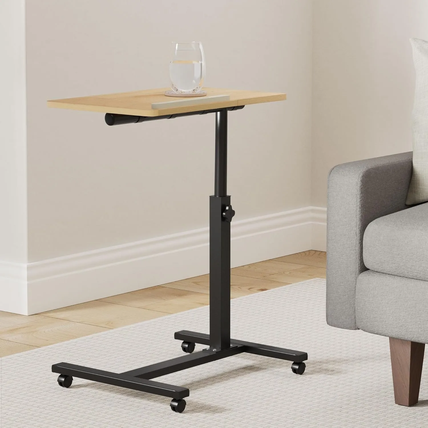 TigerDad Overbed Bedside Desk Mobile Rolling Laptop Stand Tilting Overbed Table with Wheels Height Adjustable Tray Table for Laptop Bed Sofa Side Table (Wood)