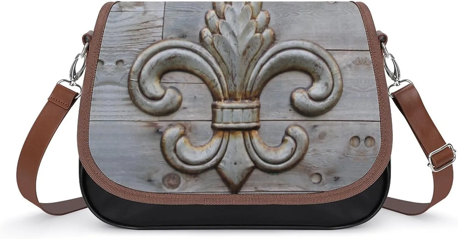 Tin Fleur-de-lis Detail Crossbody Bag Anti-Theft Side Shoulder Bags Adjustable Leather Messenger Bag Unisex