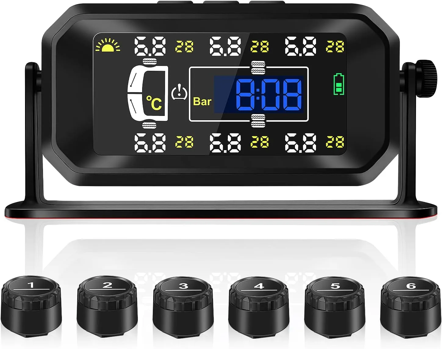 Tire Pressure Monitoring System, Wireless Solar TPMS with 6 External sensors, Real-time Monitoring Pressure &Temperature, Auto Sleep Mode, Tire Pressure Sensors for RV Trailer Truck Pickup(0-144 PSI)
