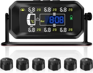 Tire Pressure Monitoring System, Wireless Solar TPMS with 6 External sensors, Real-time Monitoring Pressure &Temperature, Auto Sleep Mode, Tire Pressure Sensors for RV Trailer Truck Pickup(0-144 PSI)