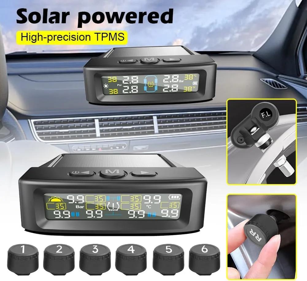 Tire Pressure Monitoring System，T12 TPMS Wireless Solar Monitor with 6 Tire Sensors 6 Alarm Modes LCD Display Auto Sleep Mode for Trailer Truck Off Road Pickup(6 Sensors, External 0-144PSI)