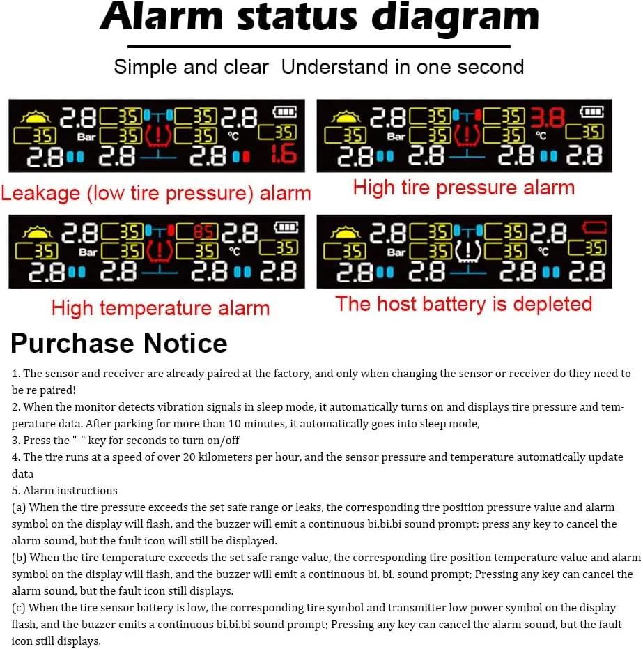 Tire Pressure Monitoring System，T12 TPMS Wireless Solar Monitor with 6 Tire Sensors 6 Alarm Modes LCD Display Auto Sleep Mode for Trailer Truck Off Road Pickup(6 Sensors, External 0-144PSI)