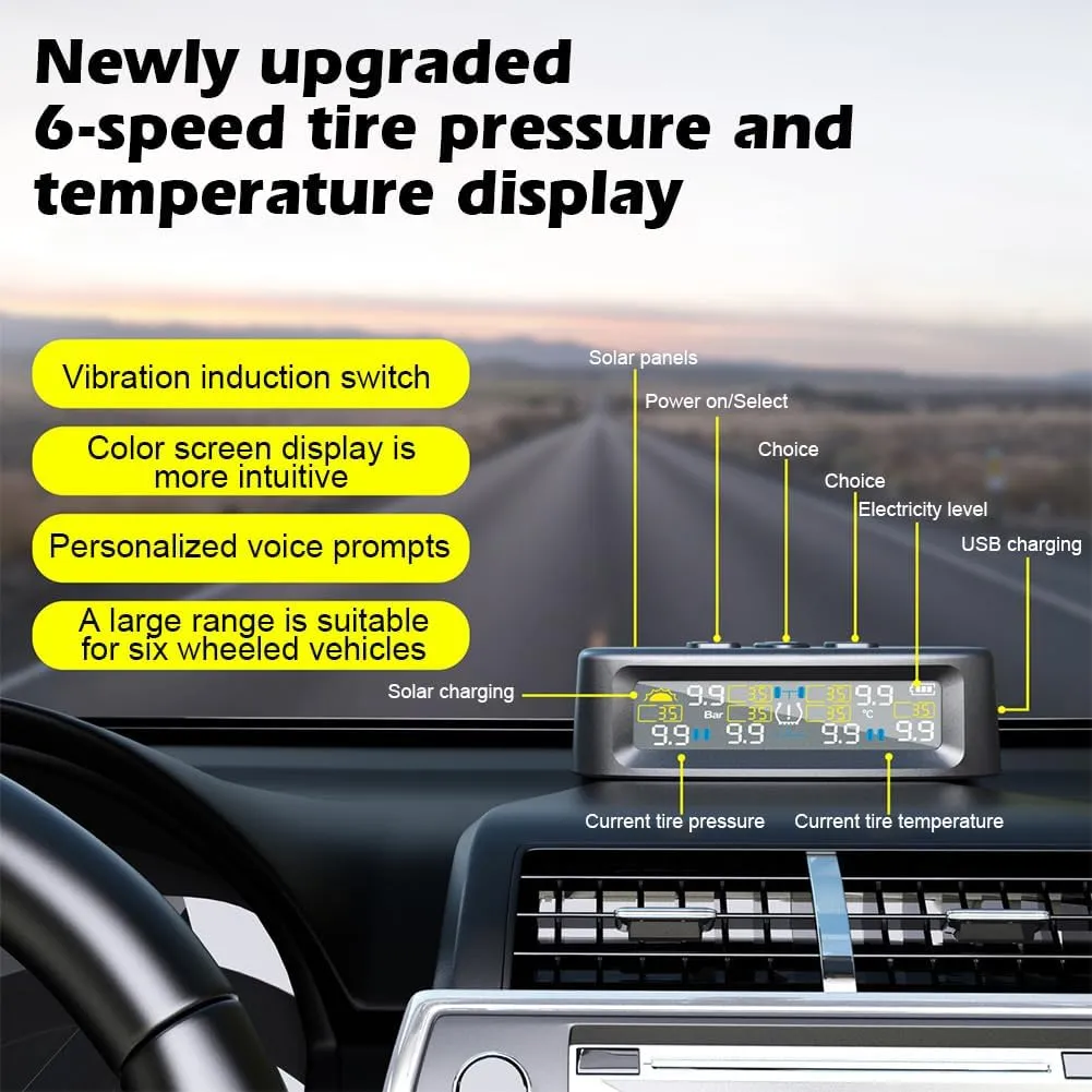 Tire Pressure Monitoring System，T12 TPMS Wireless Solar Monitor with 6 Tire Sensors 6 Alarm Modes LCD Display Auto Sleep Mode for Trailer Truck Off Road Pickup(6 Sensors, External 0-144PSI)