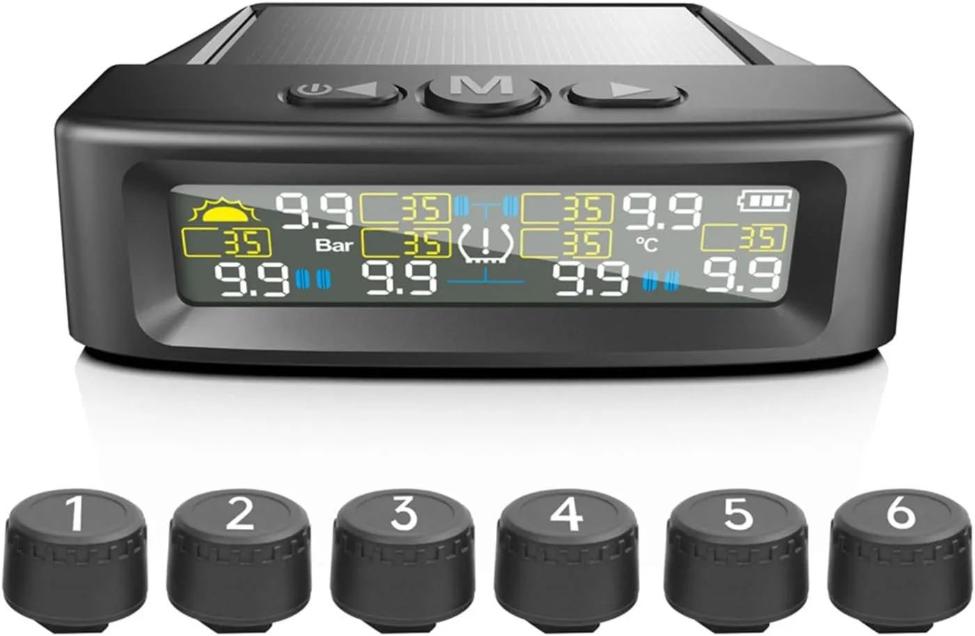 Tire Pressure Monitoring System，T12 TPMS Wireless Solar Monitor with 6 Tire Sensors 6 Alarm Modes LCD Display Auto Sleep Mode for Trailer Truck Off Road Pickup(6 Sensors, External 0-144PSI)