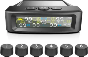 Tire Pressure Monitoring System，T12 TPMS Wireless Solar Monitor with 6 Tire Sensors 6 Alarm Modes LCD Display Auto Sleep Mode for Trailer Truck Off Road Pickup(6 Sensors, External 0-144PSI)