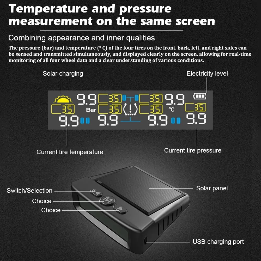 Tire Pressure Monitoring System，T12 TPMS Wireless Solar Monitor with 6 Tire Sensors 6 Alarm Modes LCD Display Auto Sleep Mode for Trailer Truck Off Road Pickup(6 Sensors, External 0-144PSI)