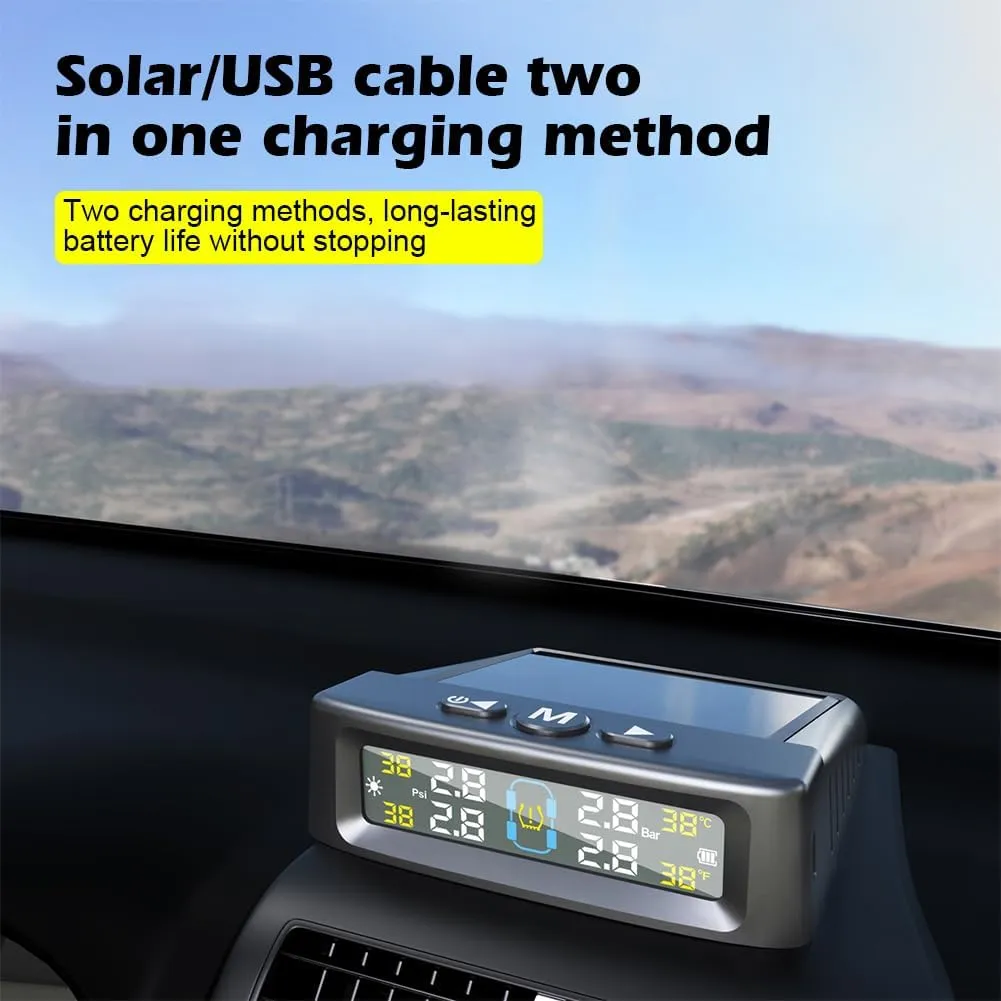 Tire Pressure Monitoring System，T12 TPMS Wireless Solar Monitor with 6 Tire Sensors 6 Alarm Modes LCD Display Auto Sleep Mode for Trailer Truck Off Road Pickup(6 Sensors, External 0-144PSI)
