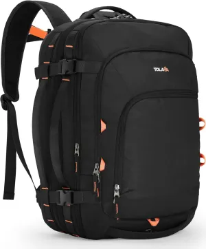 Tolaccea Travel Backpack, TSA Friendly Flight Approved Carry-on Luggage Water-resistant Business Rucksack, Durable Large Computer Bag Daypack Fits 15.6 Inch Laptop, 35-45L Expandable - Black