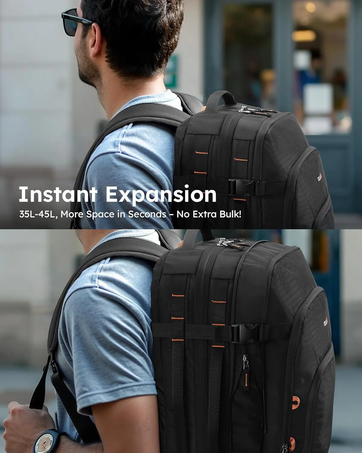 Tolaccea Travel Backpack, TSA Friendly Flight Approved Carry-on Luggage Water-resistant Business Rucksack, Durable Large Computer Bag Daypack Fits 15.6 Inch Laptop, 35-45L Expandable - Black