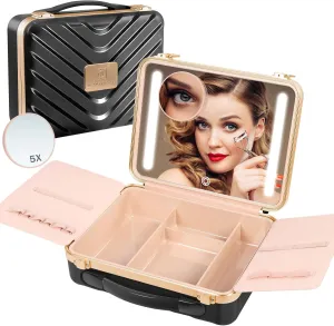 TOROKOM Travel Makeup Cases with Lighted Mirror, Portable Makeup Bag Cosmetic Train Case Makeup Organizer Box with 3 Color Setting LED Mirror & Detachable 5X Magnifying Mirror, Black