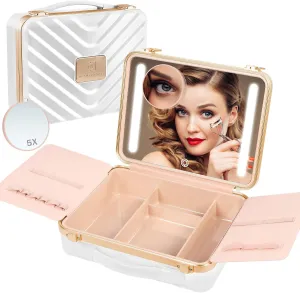 TOROKOM Travel Makeup Cases with Lighted Mirror, Portable Makeup Bag Cosmetic Train Case Makeup Organizer Box with 3 Color Setting LED Mirror & Detachable 5X Magnifying Mirror, White
