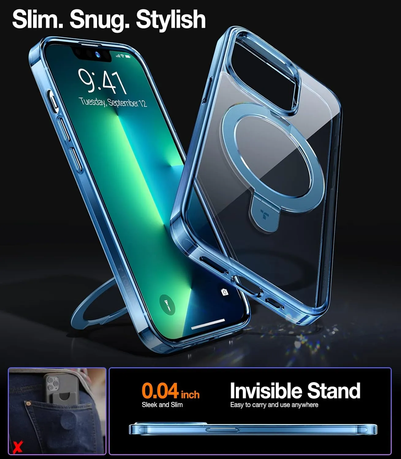 TORRAS Magnetic UPRO™ Ostand for iPhone 13 Pro Max Case 6.7 inch [Fit for MagSafe] Adjustable Stand [Never Yellow] [MIL-Grade Protection] Hard Clear Case for iPhone 13 Pro Max (2021), Blue Clear