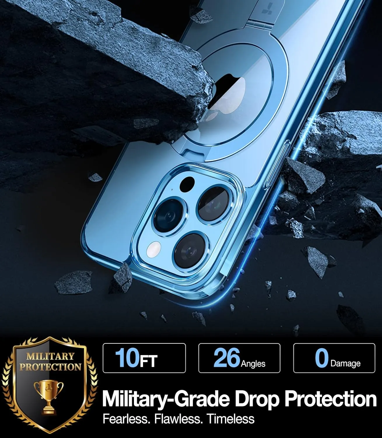 TORRAS Magnetic UPRO™ Ostand for iPhone 13 Pro Max Case 6.7 inch [Fit for MagSafe] Adjustable Stand [Never Yellow] [MIL-Grade Protection] Hard Clear Case for iPhone 13 Pro Max (2021), Blue Clear