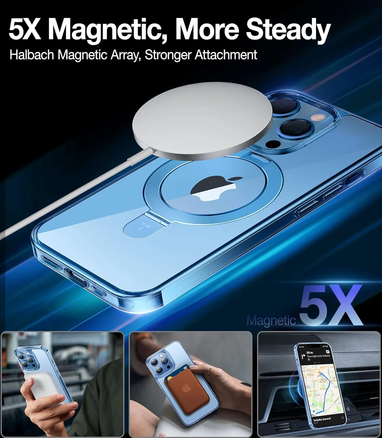 TORRAS Magnetic UPRO™ Ostand for iPhone 13 Pro Max Case 6.7 inch [Fit for MagSafe] Adjustable Stand [Never Yellow] [MIL-Grade Protection] Hard Clear Case for iPhone 13 Pro Max (2021), Blue Clear