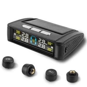 TPMS Tire Pressure Monitor System, RV Tire Pressure Monitoring System Wireless Tire Monitoring System with Solar and USB Charger (0-87 PSI), RV Trailer TPMS with 4 Sensors & 6 Alarm Modes LCD Display