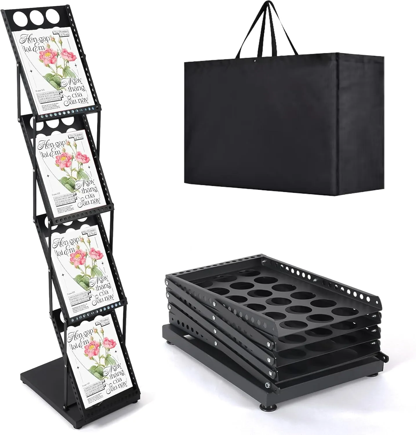 Trade Show Literature Stand Display Rack, Magazine Brochure Catalog Display Stand, Magazine Floor-Standing with Portable Oxford Bag for Office Store Exhibition Trade Show (Black)