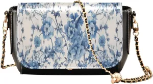 Traditional Oriental Rugbluewhite Crossbody Shoulder Bag with Chain, Women Leather Crossbody Bag, Leather Shoulder Bags