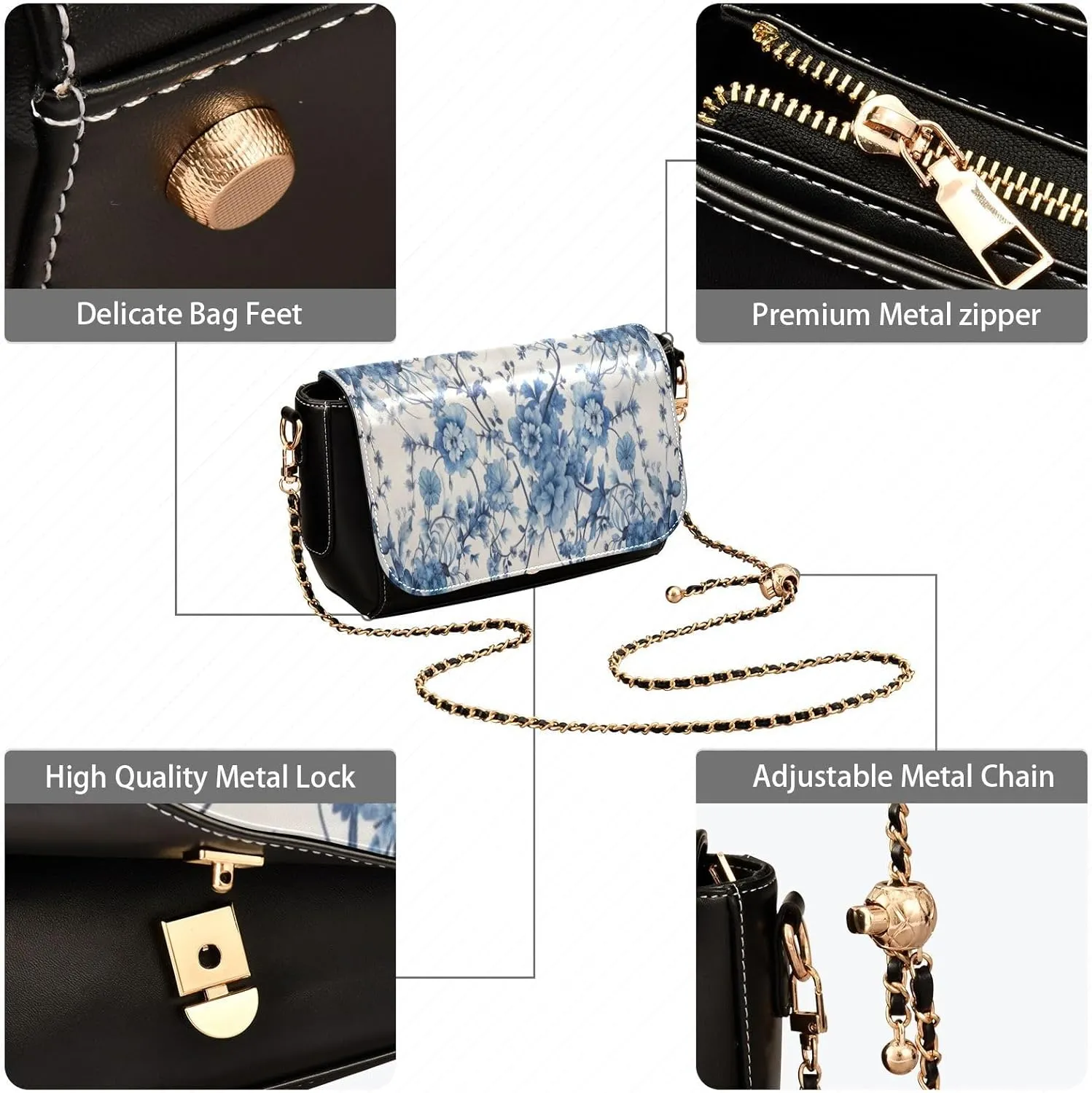 Traditional Oriental Rugbluewhite Crossbody Shoulder Bag with Chain, Women Leather Crossbody Bag, Leather Shoulder Bags