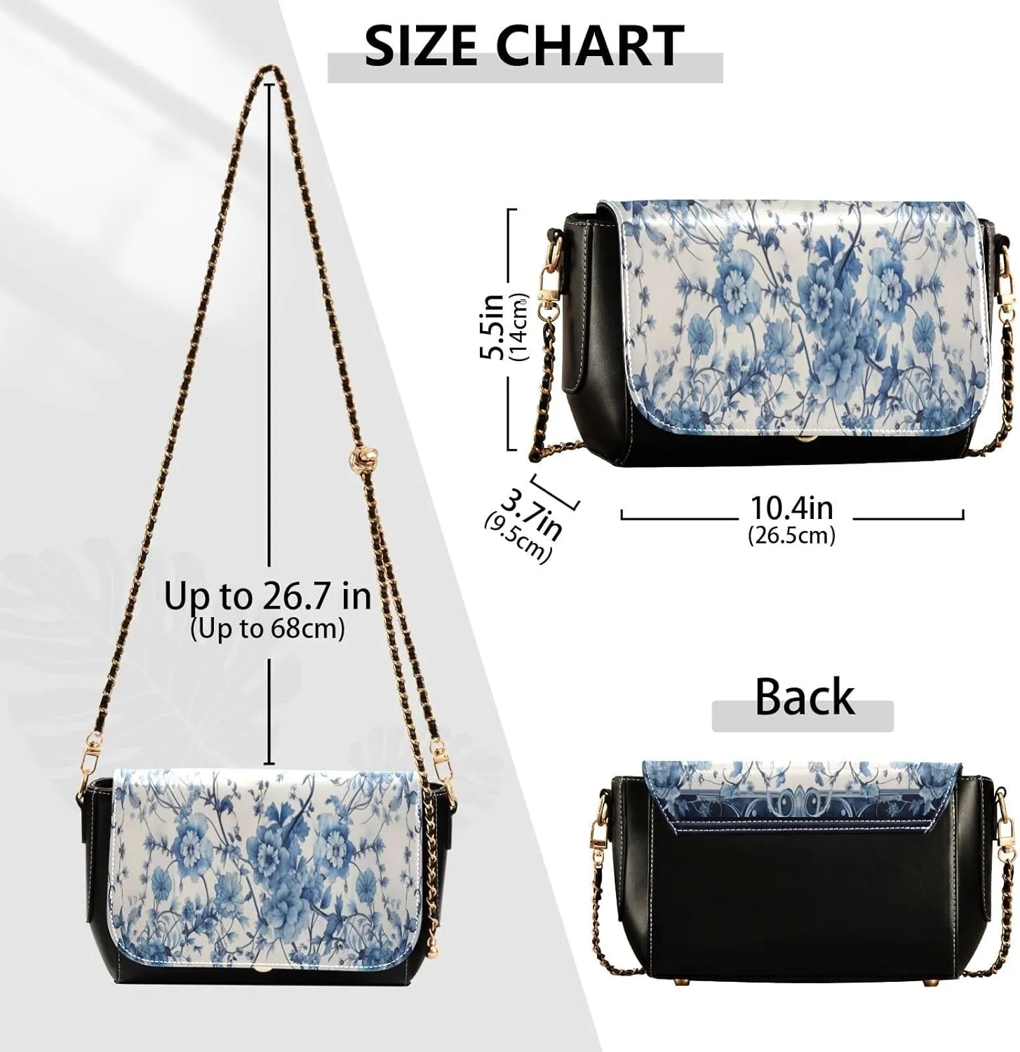 Traditional Oriental Rugbluewhite Crossbody Shoulder Bag with Chain, Women Leather Crossbody Bag, Leather Shoulder Bags