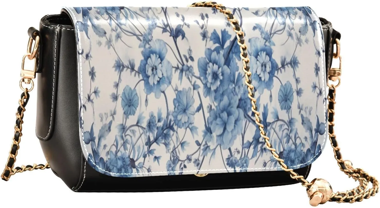 Traditional Oriental Rugbluewhite Crossbody Shoulder Bag with Chain, Women Leather Crossbody Bag, Leather Shoulder Bags